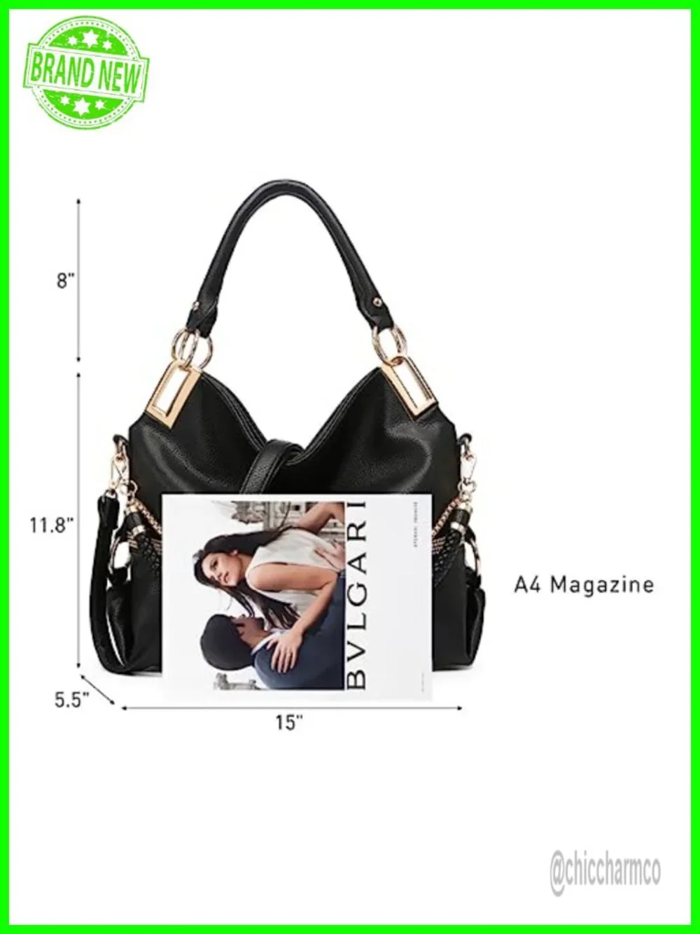 Large Hobo Bag with Rhinestone Accents Vegan Leather Tote Shoulder Handbag